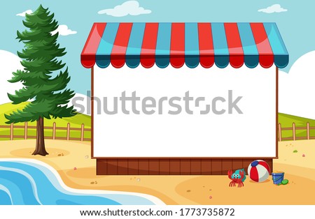Blank banner with awning in beach scene illustration