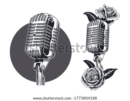 Vintage microphone isolated. Version with roses. Black and white vector illustration.