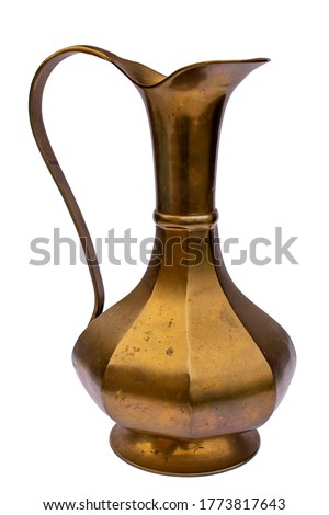 golden single decorative vase, jug on white studio background. Craft work item Royalty-Free Stock Photo #1773817643