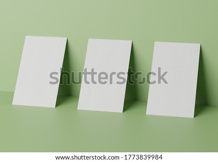 three white square shape business card mockup stacking on green pastel color background. Branding presentation template print. 3D illustration rendering