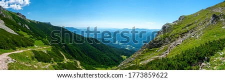 Panoramic view from the Rax plateau down in the hilly landscape of Wechsel, Lower Austria