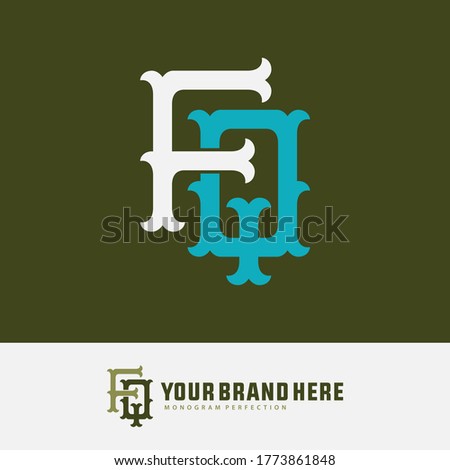 Initial letter F, Q, FQ or QF overlapping, interlock, monogram logo, white and blue color on green background