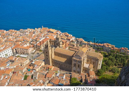 Panorama of Cefalu in Sicily from the top of the Rocca, the mountain beside the town, view of the houses and the medieval cathedral