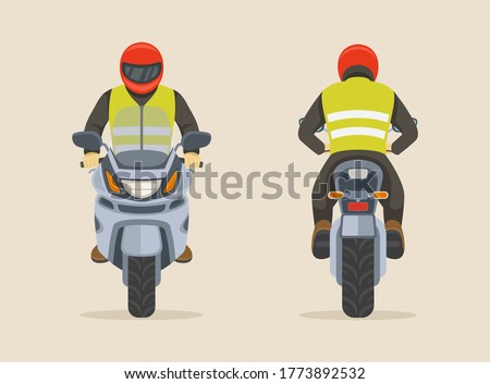 Isolated man in a red helmet riding motorcycle. Front and back view. Flat vector illustration. 