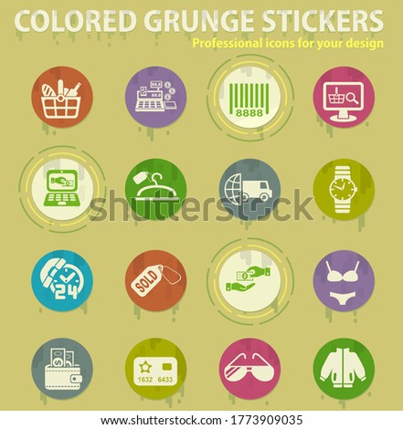 shopping and e-commerce colored grunge icons with sweats glue for design web and mobile applications