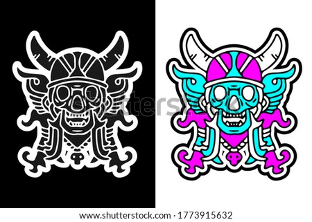 Cool colorful skull doodle illustration for poster, sticker, or apparel merchandise.With vaporwave/synthwave style, aesthetics of 80s.