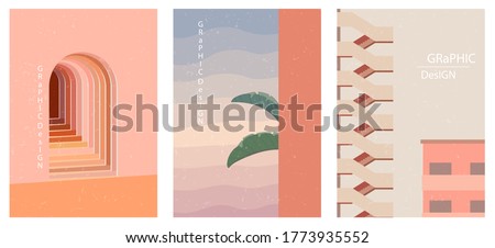 Set of three abstract graphic aesthetic backgrounds with stairs, arc, leaves in Boho style. Trendy vector illustration in terracotta colors for wall decoration, postcard or brochure, social media. Royalty-Free Stock Photo #1773935552
