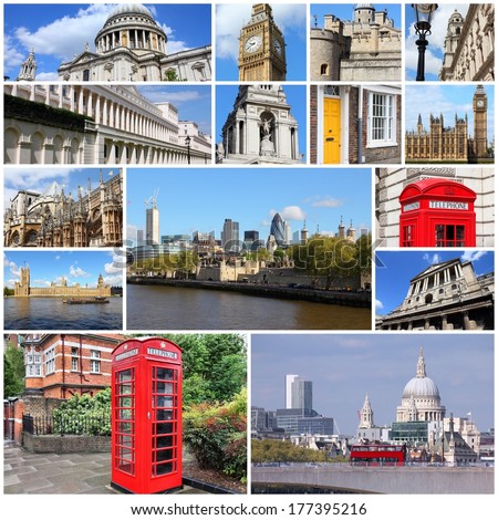 Photo collage from London, UK. Collage includes major landmarks like Big Ben, Saint Paul's Cathedral and red telephone booths.