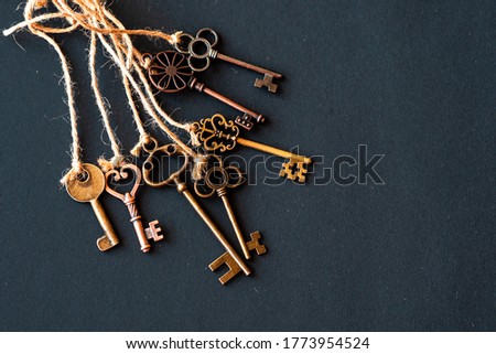 A bunch of different old keys from different locks. Finding the right key, encryption, concept. Retro vintage copper keys tied with rough rope, dark background