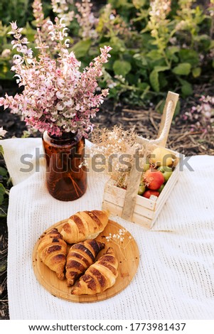 Picnic basket with fruit and bakery on red cloth in garden. Freshly baked croissants on wooden cutting board, top view. Decoration for picnic.