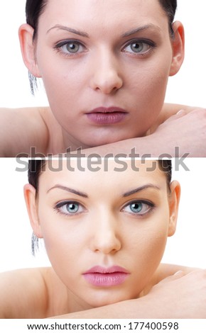Woman portrait before and after computer retouching on white