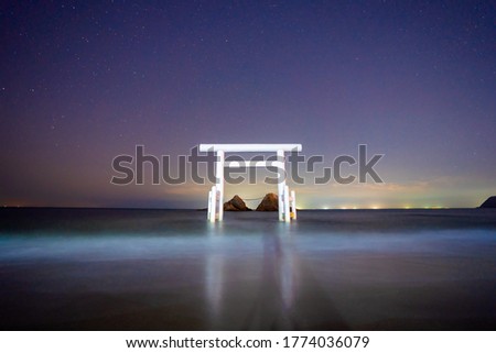 floating torii in ocean and starry