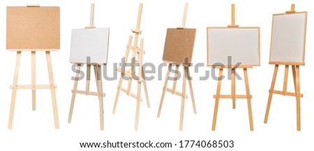 Collection easel empty for drawing isolated on white background. Vertical and horizontal paper sheets. Object, set. Wooden, mock up. Education, school, artist. Creative concept and idea of art