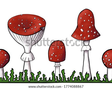 Border of redcap fly agarics on grass. Hand-drawn poisonous mushrooms with dots on red caps and ring on grey stipe isolated on white. Dangerous amanita muscaria grows in woods and forests. Seamless 