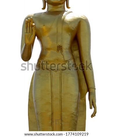 Golden buddha standing with one hand as for buddihst respect in Buddhism. Asian religion.