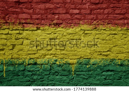 colorful painted big national flag of bolivia on a massive old brick wall