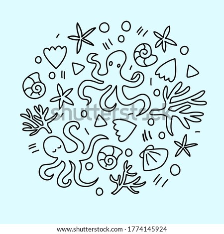 Hand drawn set of doodles elements: shells, octopuses, bubbles. Marine life.