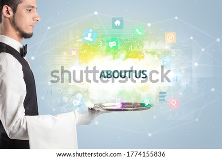 Waiter serving social networking concept with ABOUT US inscription