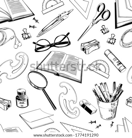 Seamless pattern with school supplies. Black and white vector illustration.