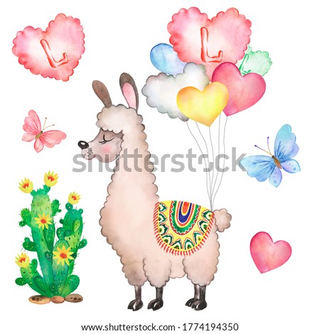 Watercolor illustration with cute cartoon llama with hearts for greeting cards. Picture, animal.
