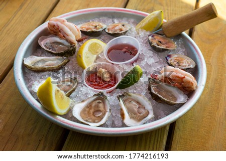 fresh seafood raw oysters over ice  Royalty-Free Stock Photo #1774216193