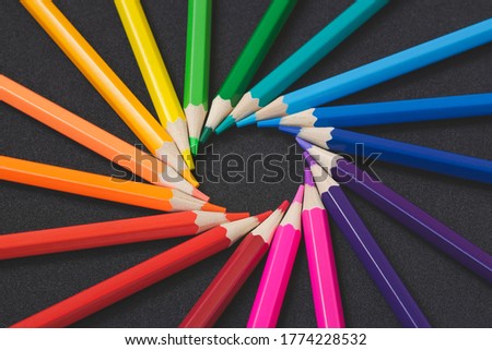 Colour pencils. Concept template from colored pencils. Vortex pencils. Goods for school and kindergarten. Tools for painting, fine art, children's art.