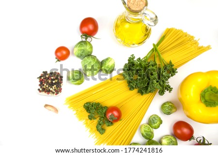 Italian food. Italian pasta with tomatoes and herbs. Italian food food ingredients. copyspace