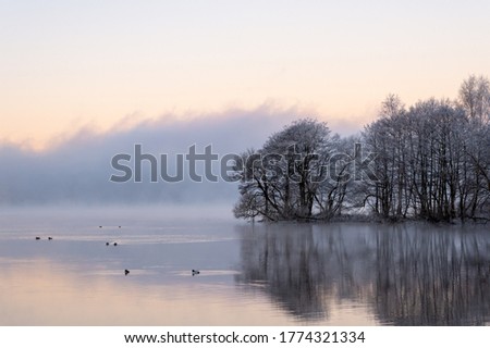 Beautiful morning at sunrise, dawn in early winter. Dancing fairies at the lake, calm water and reflections from trees, birds swimming. Bright sky and mist as background, place for text, copy space.