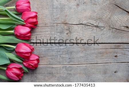 Tulips on an antique wooden background