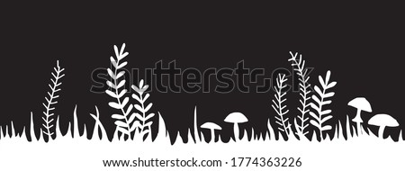 
vector illustration, seamless border, fairy forest frame black background. 
inversion black and white drawing grass, bushes, mushrooms. fabulous, magical forest, design for halloween.