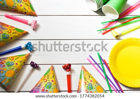 Festive bright decor for birthday on a white background. Birthday party background. Top view, with copy space. celebration concept.
