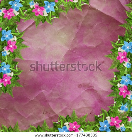 Card for invitation or congratulation with blue and pink orchids 