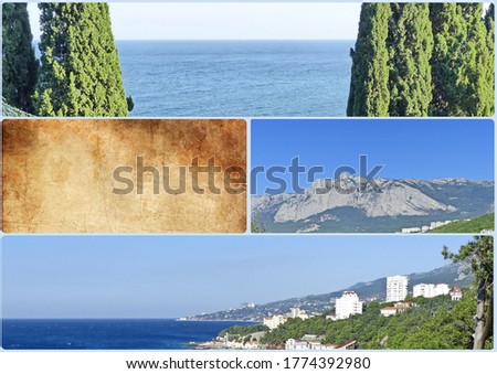 Photo Collage landscapes of the South coast of Crimea. Can be used for the design of covers, brochures, flyers and text space. Travel concept. Space for text.