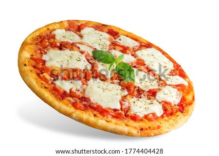 Pizza Margarita with tomatoes, tomato sauce and Mozzarella cheese on a white isolated background. toning. selective focus