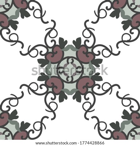 Seamless pattern with hearts, interlaced spirals and birds. Colors white, green, dark red and dark grey. Retro, vintage. Vector.	
