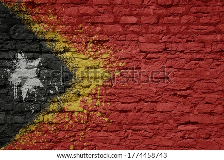colorful painted big national flag of east timor on a massive old brick wall