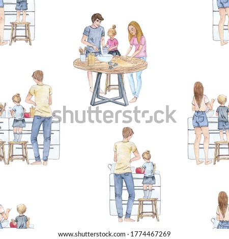 Happy cooking is a collection of high-quality hand-drawn watercolor and line art seamless patterns with illustrations of happy family baking and cooking at home kitchen.