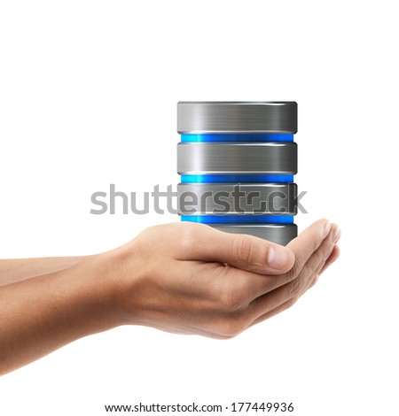 Man hand holding object ( Hard disk and database) isolated on white background. High resolution 