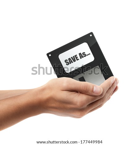 Man hand holding object ( floppy disks) isolated on white background. High resolution 