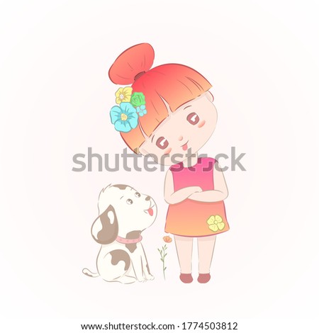 cute little girl love a puppy. hand drawn cartoon art style