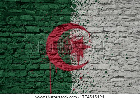 colorful painted big national flag of algeria on a massive old brick wall