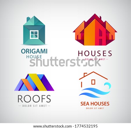 Vector set of house logos, real estate concept, building construction icon. Origami style