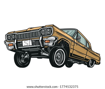 Colorful low rider retro car concept in vintage style isolated vector illustration Royalty-Free Stock Photo #1774532375