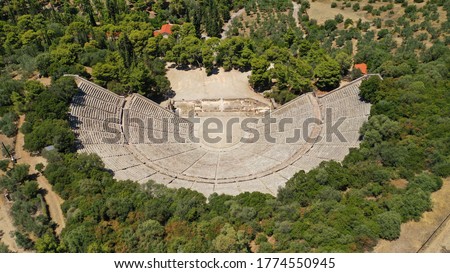 Aerial drone photo of massive ancient theatre of Epidaurus or Epidavros, Argolida, Peloponnese, Greece