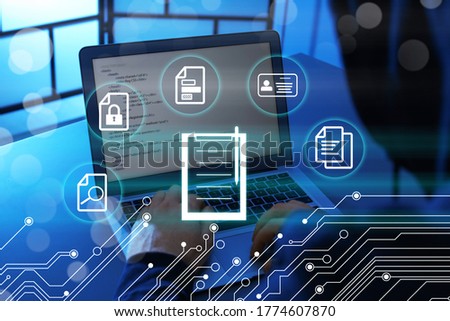 Man working with laptop at table and document icons, closeup