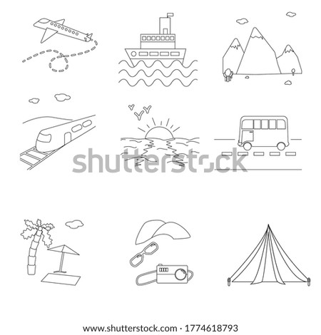 Vector graphics, a set of black and white icons on the theme of travel and leisure. Flat design.