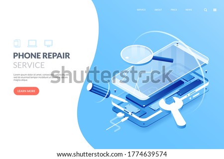 Smartphone repair service vector illustration. Disassembled smartphone in isometric view. Mobile phone repair process. Fix gadgets web banner concept. Royalty-Free Stock Photo #1774639574
