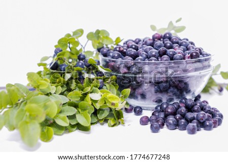 Blueberries in a glass pasade and blueberry leaves on a white background.