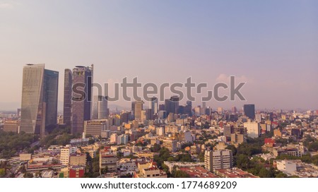 Aerial view of Mexico City from the Chapultepec forest. Aerial perspective of Mexico City. Concept of travel and vacations. Drone photography.