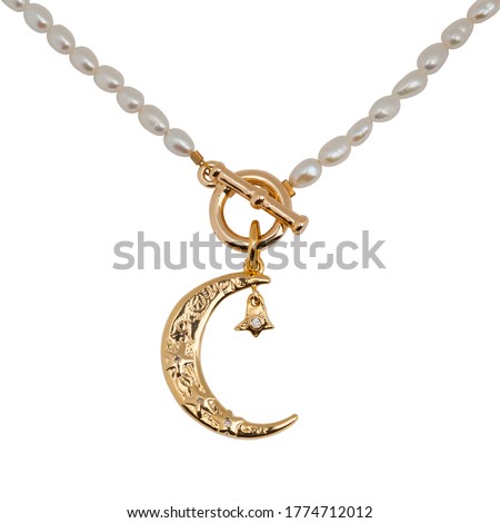 Golden crescent moon pendant with pearl necklace isolated on white background Royalty-Free Stock Photo #1774712012